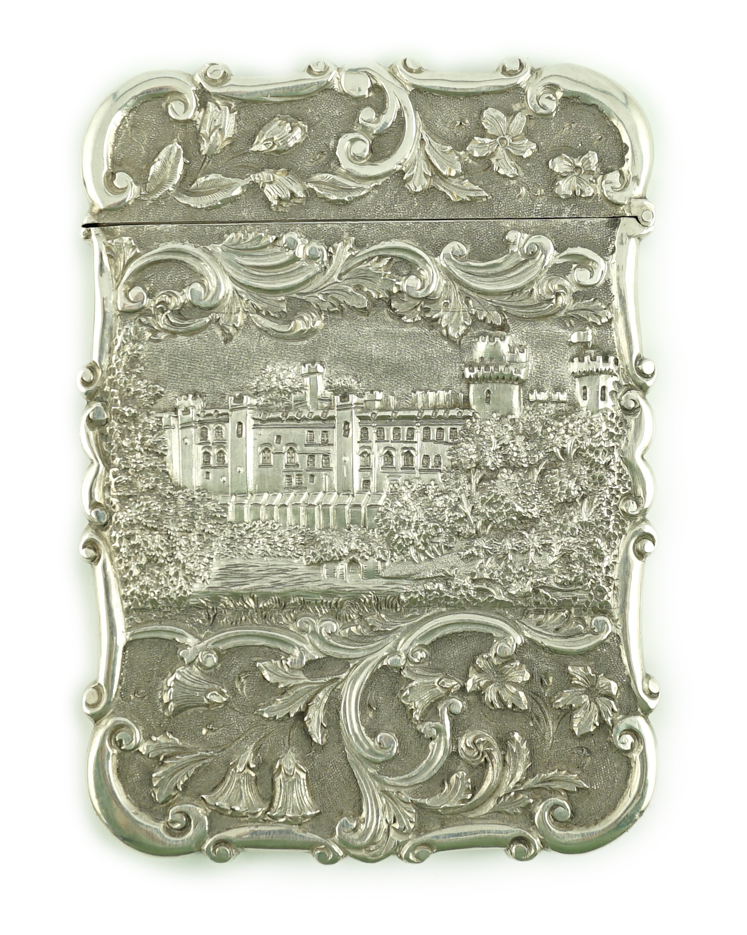 An early Victorian silver 'castle top' card case by Nathaniel Mills